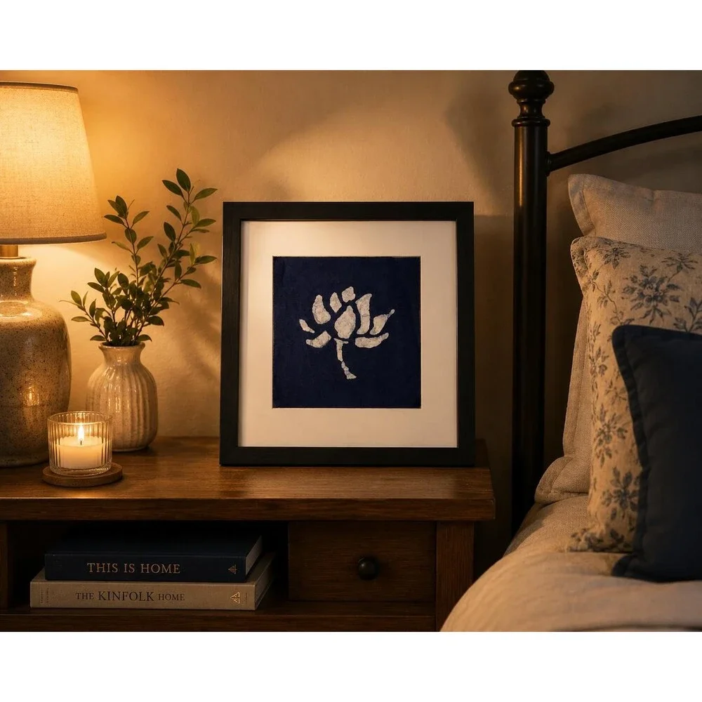 Lotus Textile Wall Art | Handmade Indigo Batik Art | Botanical Zen Home Decor |T